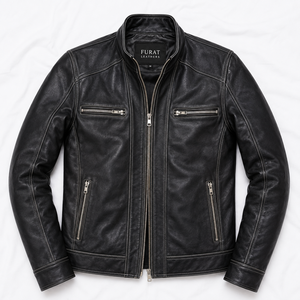 Blouson de motard en cuir noir, col montant, fermeture éclair, coupe-vent, respirant, personnalisable, décontracté, hiver, homme, style urbain - Product Image 1