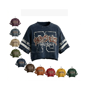 Couleur unie unie délavée à la pierre, coupe courte, style streetwear, vente en gros, épaules tombantes, coupe oversize ample, effet usé, 100% coton, Hip Hop - Product Image 1