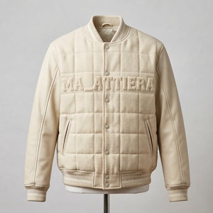 Blouson Bomber matelassé en laine et cuir pour homme, personnalisé avec broderie, col en tricot côtelé, vêtement d'extérieur haut de gamme - Product Image 1