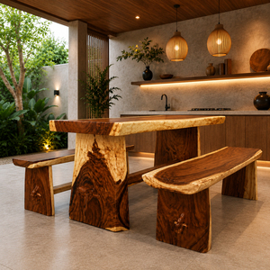 Solid Suar Wood Live Edge 3-Piece <b>Dining</b> <b>Table</b> <b>Set</b> 2 Benches Modern <b>Rustic</b> Style Premium Quality Natural Edge <b>Dining</b> Wholesale - Product Image 6