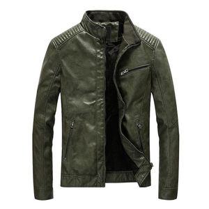 Veste en cuir d'hiver pour homme, col montant, fermeture éclair, coupe-vent, respirante, doublée de fourrure, manteau décontracté - Product Image 1