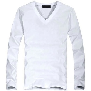 T-shirt à manches longues pour homme, col en V, coupe ajustée, décontracté, en coton blanc, tricoté, couleur unie, design simple, longueur standard - Product Image 1