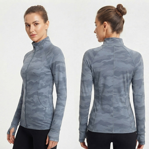 Slim Fit Ladies Polyester Spandex Jacket <b>Thumb</b> Loop Yoga Training Jacket Camo Print Workout Zipper <b>Top</b> Ladies Fitness Jackets - Product Image 1