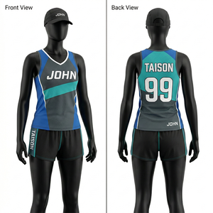 Tenue de course premium pour femme 150 GSM en micro-mesh respirant polyester, panneaux bleu-gris et turquoise, logo sublimé, uniforme de coureur - Product Image 3