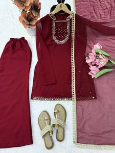 Burgundy Indian Pakistani Set Embroidered Long Sleeve <b>Kurta</b> Palazzo Dupatta <b>Women</b> Formal Wear - Product Image 5