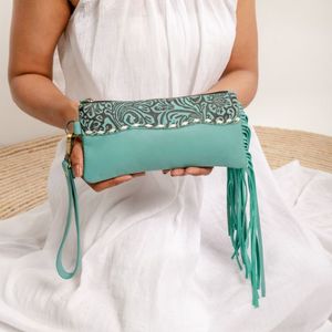 Western Fashion Designer Women's Genuine Leather <b>Wallet</b> Vintage Clutch With Fringes Wristlets Set Feature ZIP Closure - Product Image 1