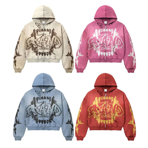 Custom Men Graphic Print Distressed Zip Hoodie Boxy Fit Acid Wash Streetwear Hoodie Y2K Frayed Hem Fleece Hoodie Manufacturer - Product Image 1