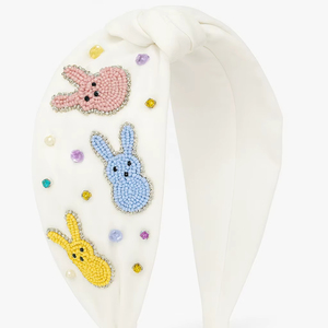 Happy <b>Easter</b> Day Cute White Base with Multicolor EmbellishmentsHandmade Beaded Bunny <b>Headband</b> Fabric Knot Hairband for Girls - Product Image 1