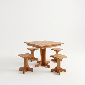 Table à manger carrée rustique en bois massif avec 4 tabourets, base sur piétement, artisanale, pour cuisine, coin petit-déjeuner ou salle à manger - Product Image 1