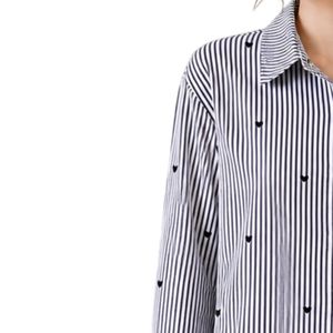 <b>Black</b> <b>White</b> <b>Striped</b> Women Button Down Shirt <b>Long</b> <b>Sleeve</b> Cotton Casual Blouse Heart Embroidery Oversized Loose Fit Fashion <b>Top</b> - Product Image 3