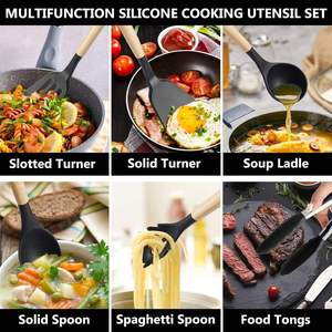Ensemble de 12 ustensiles de cuisine en silicone avec manches en bois, compatibles lave-vaisselle, avec gobelet de rangement inclus - Product Image 6