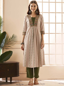 <b>Women</b> Beige Cotton Digital Print Embroidered Quick Dry <b>Kurta</b> Green Trouser Set Traditional Regular Fit Knee Length Casual Wear - Product Image 4