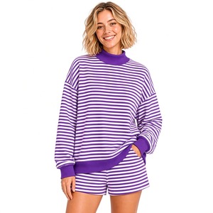 Ensemble décontracté deux pièces pour femme : sweat-shirt rayé à manches longues et short assorti coupe décontractée, col montant, design pull-over, tendance au quotidien - Product Image 5