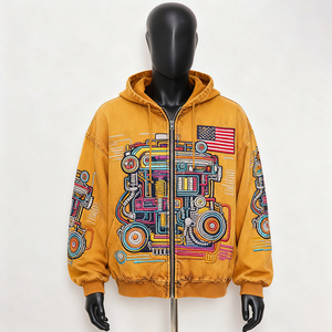 Men's Oversized Hooded Sweatshirt Yellow Hand Embroidered Cartoon Car Design Zipper Front Streetwear Autumn Wear - Product Image 1