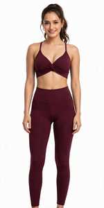 Conjunto de 2 piezas de yoga para mujer: Sujetador deportivo transpirable de alto soporte con cuello en V acanalado y tirantes halter con nudo frontal, y leggings de cintura alta, color burdeos. - Product Image 5