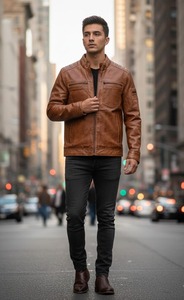 <b>Mens</b> Tan <b>Brown</b> Genuine <b>Leather</b> Cafe Racer <b>Jacket</b> Distressed Vintage Biker Coat - Product Image 3