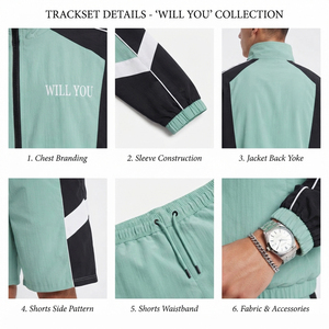 Conjunto Deportivo para Hombre en Verde Menta con Bloques de Color, Chaqueta Cortavientos de Manga Larga y Pantalones Cortos con Cordón, Secado Rápido, Nailon - Product Image 5