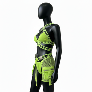 Ensemble de bikini côtelé en nylon et élasthanne pour femme, vert fluo, avec bretelles croisées et empiècements en maille, maillot de bain personnalisable avec logo pour femme - Product Image 3