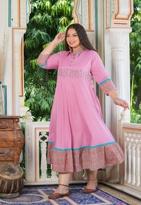 Women's <b>Plus</b> <b>Size</b> Polyester Anarkali Kurta Pink SOLID Embroidered Shirt Collar Three Quarter Sleeves Comfortable Wear - Product Image 4