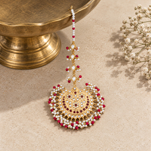 Gold Plated Red Beaded Kundan Style Maang Tikka with Faux Pearls <b>Pakistani</b> Bridal Hair <b>Jewelry</b> Wholesale Manufacturer - Product Image 2