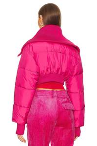 Pink Quilted Puffer Jacket Women Crop Top Stand Collar Zipper Closure Full Sleeve <b>Winter</b> <b>Coat</b> Solid Color <b>Thick</b> Woven Fabric - Product Image 2