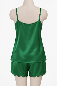 Green <b>Satin</b> Women's 2 Piece Lounge Set Sleeveless Camisole <b>Shorts</b> V Neck Summer Sleepwear Solid Color Smooth Fabric Drawstring - Product Image 3