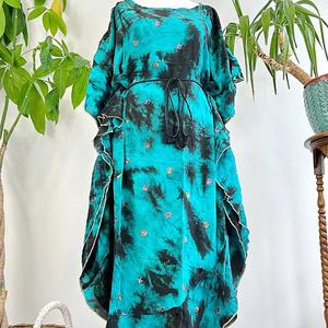 Kaftan Wavy <b>Dress</b> Crepe Silk Recycled Vintage Indian <b>Sari</b> Colourful Comfy Daywear Round Neck Tie Dye Long Maxi <b>Dress</b> For Women - Product Image 1