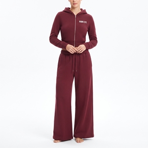 Women's Maroon <b>Cropped</b> <b>Zip</b> <b>Up</b> Hoodie Sweatshirt Wide Leg Straight Stacked Pants Two Piece Tracksuit Set - Product Image 1