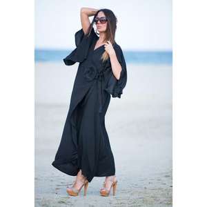 ชุดเดรสยาวสีดำแบบพันรอบตัวสำหรับผู้หญิง ดีไซน์หรูหรา เป็นมิตรกับสิ่งแวดล้อม ทรงเข้ารูปช่วงเอว แขนยาว สไตล์คาฟตัน เรียบง่าย เหมาะสำหรับงานกลางคืน - Product Image 2