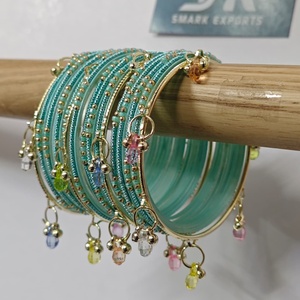 Juego de brazaletes de cristal Ghungroo Kashmiri en azul acuamarina, hechos a mano, tradicionales indios, para novias, mujeres, bodas, festivales, joyería dorada. - Product Image 3