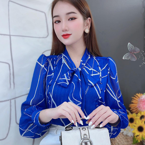 Wholesale <b>Women's</b> Elegant Blue Printed <b>Blouse</b> Oversized Bow Neckline Button Detail and <b>Long</b> Sleeve <b>for</b> Workwear and Retail Shops - Product Image 1