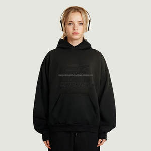 Jersey de punto de 300gsm de alta calidad para mujer, Jersey de invierno con capucha de gran tamaño, bolsillo desgastado estampado de otoño - Product Image 1