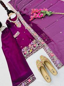 Ensemble Salwar Kameez brodé violet pour femmes, tenue traditionnelle indienne pakistanaise avec dupatta pour mariage et fête - Product Image 3