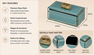 Boîte de rangement pour bijoux en verre bleu azur avec accent en pierre de pyrite naturelle, bords biseautés, intérieur en velours doux, boîte à souvenirs décorative - Product Image 3