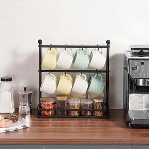Support à tasses en métal à double niveau avec plateau de rangement pour vaisselle de cuisine, organisateur moderne sur pied, porte-tasses multifonctionnel - Product Image 5