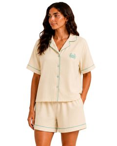 Customized Beige Women Pajama Set Short Sleeve Button Down Nightwear Soft Breathable Summer Sleepwear Casual Lounge Set - Product Image 1