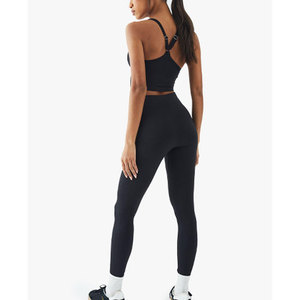 wholesale Yoga Set Solid <b>Black</b> Racerback Crop Top High Waist Full Length Leggings Seamless Four Way Stretch Activewear - Product Image 2