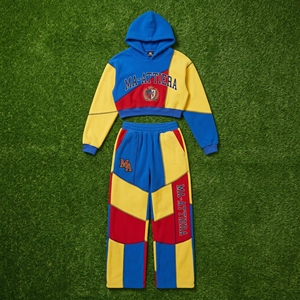 Womens Color Block <b>Crop</b> <b>Top</b> Hoodie Tracksuit Sets Blue <b>Yellow</b> Red Patchwork Wide Leg Pants Custom Streetwear Outfit - Product Image 6