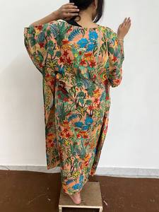 Caftán Largo de Algodón con Estampado Tropical, Estilo Boho, Cuello en V, Corte Holgado, Manga Corta, para Mujer, Informal, de Verano - Product Image 5