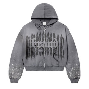 Sudadera con capucha y cremallera para hombre, estilo gótico, oversize, de algodón French Terry, con logo frontal en la manga con pedrería, para otoño - Product Image 5
