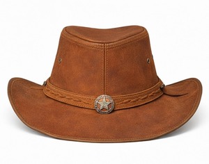 Chapeau de cowboy western en cuir brun rustique avec concho étoile, style vintage ranch, large bord, pour homme, idéal pour l'équitation et les activités de plein air - Product Image 3