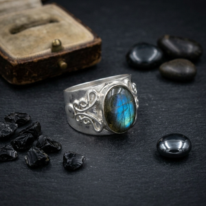 Labradorite <b>Statement</b> <b>Ring</b> – Natural Labradorite Oval Gemstone <b>Ring</b>, Silver Plated Matte Finish, Boho Flash Stone <b>Ring</b>, Brass - Product Image 1
