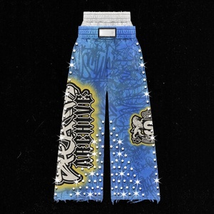 Pantalones de chándal holgados de algodón grueso con estampado integral, cintura alta, efecto arrugado, lavado ácido y pedrería, doble cintura, para hombre, personalizados - Product Image 2