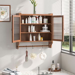 24.8\" Vintage Glass Door Double Door <b>Wall</b> Cabinet with Three Tiers of <b>Storage</b> Towel Rack for Bathroom Kitchen Dining Room - Product Image 2