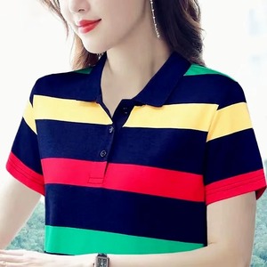 Women Striped Polo <b>Shirt</b> Short Sleeve Color Blocked Casual Knitted Top Pink Green Yellow Loose casual <b>boho</b> tees 5XL plus size - Product Image 4