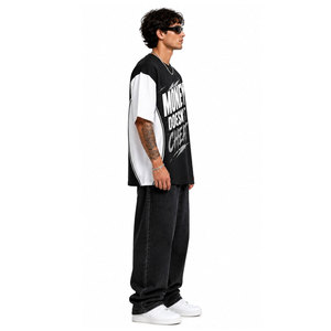 T-shirt Homme Oversize à Manches Courtes, Imprimé Contraste Noir et Blanc, Style Urbain, Col Rond, Coupe Jersey, T-shirts Gaufrés - Product Image 4
