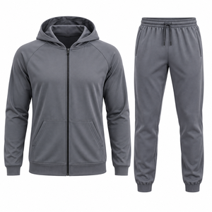 Survêtement gris à capuche pour homme, sweat-shirt zippé avec poches latérales et pantalon de jogging assorti, tenue décontractée pour l'automne - Product Image 1