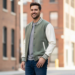 Veste de sport pour homme de haute qualité, vert olive, manches blanches, vêtement décontracté d'automne, coupe régulière, matière polyester et coton, fermeture éclair - Product Image 2