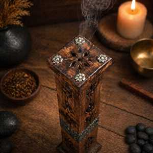 Quemador de Incienso Religioso de Bambú Rústico Hecho a Mano con Detalles Tallados y Banda Metálica, Soporte Vertical para Dhoop - Product Image 5