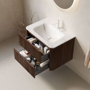 Mobile bagno sospeso NOOR da 76 cm in compensato con lavabo Carrara bianco e 2 cassetti, elegante mobile contenitore - Product Image 2